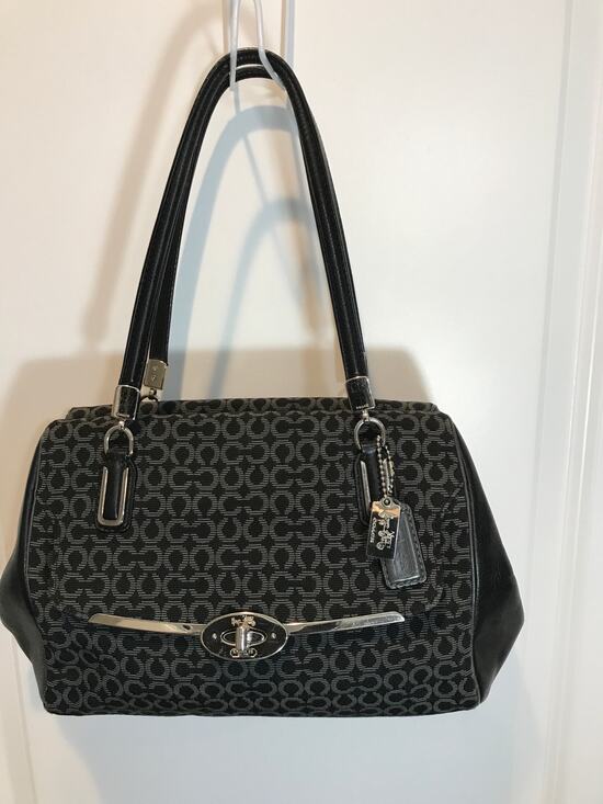 Coach Handbags - Coach Madison Madeline East/West Satchel Black/Gray Sig Jacquard EUC